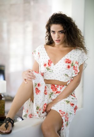 18 year old girl Barbie Bree strips to pink leg warmers in her bedroom